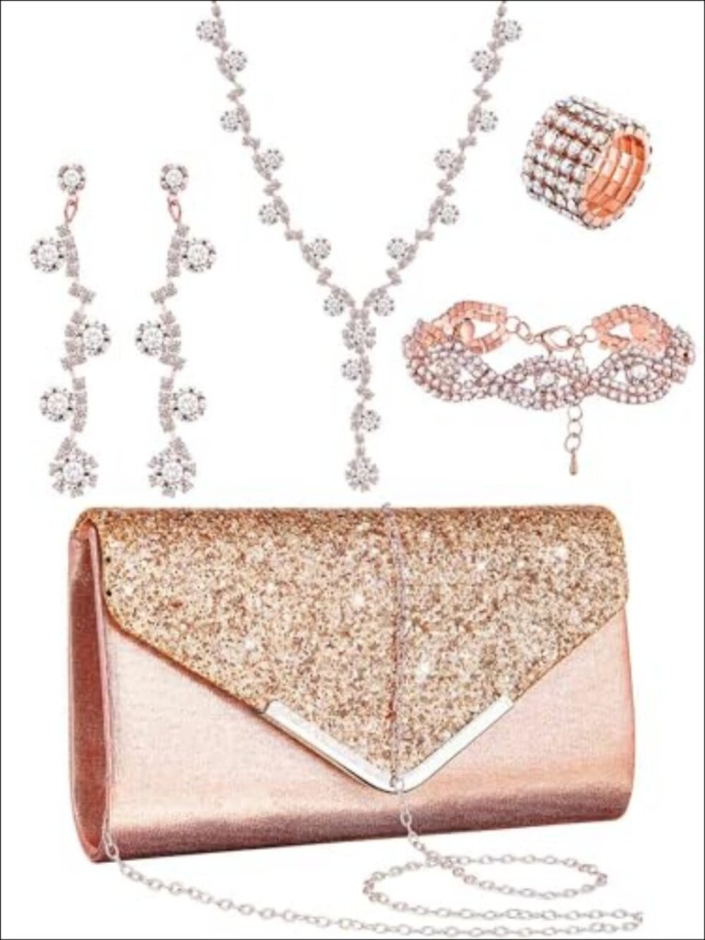 5 Pc Rhinestone Jewelry Set with Clutch Purse for Prom